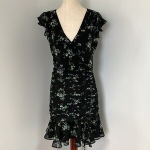 Banana Republic floral dress, sheer, lined, ruched, ruffle hem. Size petite 2